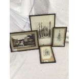 4 PICTURES OF WINCHESTER CATHEDRAL. ONE DOROTHY SWEET PENCIL SIGNED ETCHING OF THE WEST FRONT OF