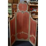 ORNATE WOODEN 3 FOLD SCREEN WITH PLEATED FABRIC INSERTS