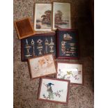 QTY OF F/G PICTURES WITH NAUTICAL KNOTS, SILK EMBROIDERED BIRDS, BOXED SHOE RACK & A SILVER PLATED