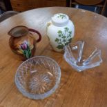 LARGE POOLE GINGER JAR WITH LID, HAND PAINTED H&K TUNSTALL JUG & 2 HEAVY CUT GLASS FRUIT BOWLS