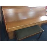 MODERN LIGHT OAK UPRIGHT PIANO BY BENTLEY IN EXCELLENT CONDITION WITH UPHOLSTERED DUET STOOL
