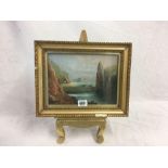 OIL PAINTING OF COASTAL SCENE DATED 1901 ON N EASEL, DAMAGE TO FRAME