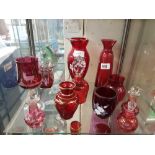 SHELF OF CRANBERRY GLASS