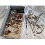 SMALL CARTON OF SILVER FILIGREE ITEMS INCL; BRASS HANDLED BUTTON HOOKS & RINGS
