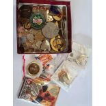 SMALL TUB OF MISC LAPEL BADGES INCL; INLAID 1947 HALF CROWN PENDANT