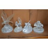 4 HEAVY GLASS SCULPTURES OF AN EAGLE, SQUIRREL, CATS & OWLS