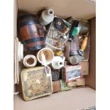 CARTON OF MISC VINTAGE BOTTLES,TINS, PAINT SPRAYS & OTHER BRIC-A-BRAC