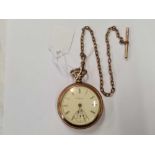 A VICTORIAN GENTS KEYLESS ROLLED GOLD POCKET WATCH WITH SECONDS DIAL & ALBERT W/O