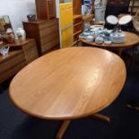 LARGE OVAL ERCOL WINSOR DINING TABLE WITH PEDESTAL, 6fT 6'' X 4ft APPROX, WITH HEAT MAT, 5ft 6'' X