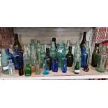SHELF OF VINTAGE BOTTLES INCL; CODD BOTTLES FROM OXFORD, YEOVIL, CONWAY, READING & CHESTER