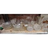 SHELF OF MISC GLASSWARE INCL; BOWLS, DISHES, VASES