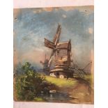 19THC PEN, INK AND PASTEL DRAWING OF WINDMILLS BESIDE A STREAM