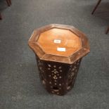 SMALL INDIAN CARVED OCTAGONAL TABLE WITH MOP INLAY & A STRUNG STOOL