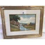 A FRENCH [?] IMPRESSIONIST OIL PAINTING OF FIGURES WASHING CLOTHES BESIDE A RIVER, INDISTINCTLY