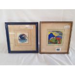 2 SMALL PICTURES, 1 HAND PAINTED SILK WITH ACRYLIC PAINT OF A SHIP & 1 OTHER SMALL WATERCOLOUR