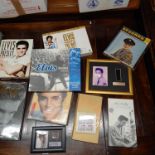 2 CARTONS OF ELVIS PRESLEY MEMORABILIA INCL; BOOKS, PHOTOGRAPH'S, VIDEO'S, STAMPS, CD'S ETC