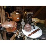 BRASS FIRESIDE SET & SPARE IRONS, COPPER KETTLE, ETHNIC WOOD CARVING & SMALL MARBLE PEDESTAL BOWL