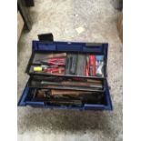 BLUE PLASTIC TOOL BOX WITH VARIOUS TOOLS & CONTENTS