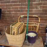 BAMBOO MAGAZINE RACK, CANE LOG BASKET, WICKER PICNIC HAMPER, PLANTER, HOE & LARGE EMPTY WHISKY