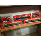 HORNBY OO GAUGE R429 GRW COACH, R745 LNER CARRIAGE, R746 LNER CARRAIGE, A HORNBY R208 GWR SHUNTERS