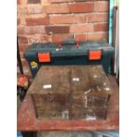 GREEN PLASTIC TOOL BOX WITH CONTENTS & A WOODEN 4 DRAWER UNIT WITH CONTENTS