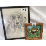 TWO PICTURES OF DOGS; ONE AN OIL PAINTING ON BOARD OF A WIRE HAIRED TERRIER BEFORE A HOUSE AND