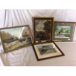 2 F/G RAILWAY PRINT, F/G BARGE PRINT & A GILT FRAMED OIL OF A BOAT PASSING A LOCK