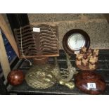 CAST IRON KITCHEN BOOK STAND, PAIR OF BRASS DECORATIVE PISTOLS, BAROMETER & TREEN ITEMS