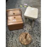 WOODEN CONCERTINA SEWING BOX WITH COTTON REEL HOLDER & A SMALL 4 LEGGED STOOL