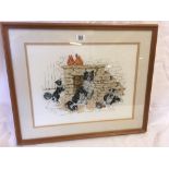 FRAMED & GLAZED CROSS STITCH OF A COLLIE DOG AND HER PUPS SIGNED WITH INITIALS ABW