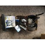 2 CARTONS OF MISC KITCHEN PANS, PLACE MATS & MULTI PURPOSE FONDUE SET