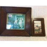 TWO COLOURED PRINTS IN ANTIQUE WOODEN FRAMES, ONE MAHOGANY AND THE OTHER AN EDWARDIAN INLAID FRAME