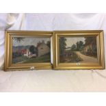 A PAIR OF MID 20THC OIL PAINTINGS ON WOOD PANELS, IN GILT FRAMES, BOTH INDISTINCTLY SIGNED, VIEWS IN