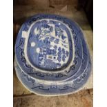 3 BLUE & WHITE MEAT PLATES & 2 OTHERS