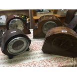 4 VARIOUS SHAPED WOOD CASED MANTLE CLOCKS, NOT KNOWN IF WORKING, SPARES ONLY