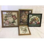 FOUR ANTIQUE WOOLWORK, CROSS-STITCH AND EMBROIDERED TEXTILE PANELS OF FLOWERS