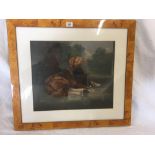 OIL PAINTING ON BOARD OF A PORTRAIT OF A SEATED DOG WITH GARDEN BEYOND IN DECORATIVE MAPLE FRAME,
