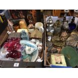 2 CARTONS OF MISC METALWARE, GLASS, PLATES, CRESTED WARE & A DATE STAMP