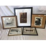 QTY OF PICTURES, WATERCOLOUR OF PINE FOREST, ETCHING OF SAILING BOAT 'BOUND HOME', PRINT OF MAN