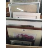 A CARTON OF ASSORTED WATERCOLOURS, PORTRAIT DRAWINGS, SPORTING PRINTS, ETCHINGS ETC. [APPROX 16