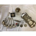 QTY OF SILVER & NICKEL PLATED ITEMS INCL; A SNUFFER TRAY & SNUFFER & ESSO TOPPED SUGAR CASTER