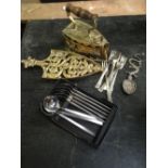 CARTON WITH BRASS COAL IRON & TRIVET, TABLE FORKS & A SET OF SOUP SPOONS