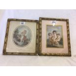 18THC COLOURED STIPPLE ENGRAVING L'AMOUR AFTER FRAGONARD WITH HAND-DRAWN MOUNT AND ANTIQUE FRAME,