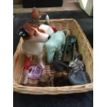 WICKER BASKET CONTAINING A SYLVAC, A MELBA WARE, JACK RUSSELL TERRIER & OTHER SMALL ANIMALS & BIRDS