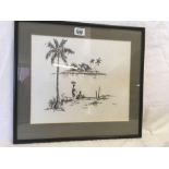 PEN, INK AND WASH DRAWING OF FIGURES ON A DESERT ISLAND, SIGNED EKO, INSCRIBED HARYANTO EKO TO THE