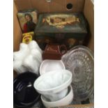 CARTON WITH GLASS CAKE STAND, JELLY MOULDS & VINTAGE TINS