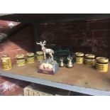SET OF HORNSEA CONDIMENT JARS, SMALL KITCHEN SCALE WITH WEIGHTS & A STAG ON A PLINTH