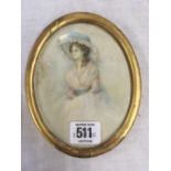 MINIATURE PORTRAIT, FULL LENGTH, OF A LADY WITH BLUE LACE HAT AND BLUE RIBBON WAISTBAND, POSSIBLY ON