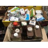 2 CARTONS WITH VARIOUS WOOD STAINS & OILS & ELECTRICAL BULBS