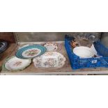 SHELF WITH MIXED PATTERNED PLATES & CARTON OF CHINA WHICH HAS BEEN REPAIRED